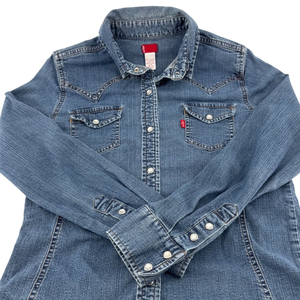 Levi's Western Indigo Shirt Kids XL 16 Blue Denim Pearl Snap Long Sleeve Cowgirl - Picture 3 of 11